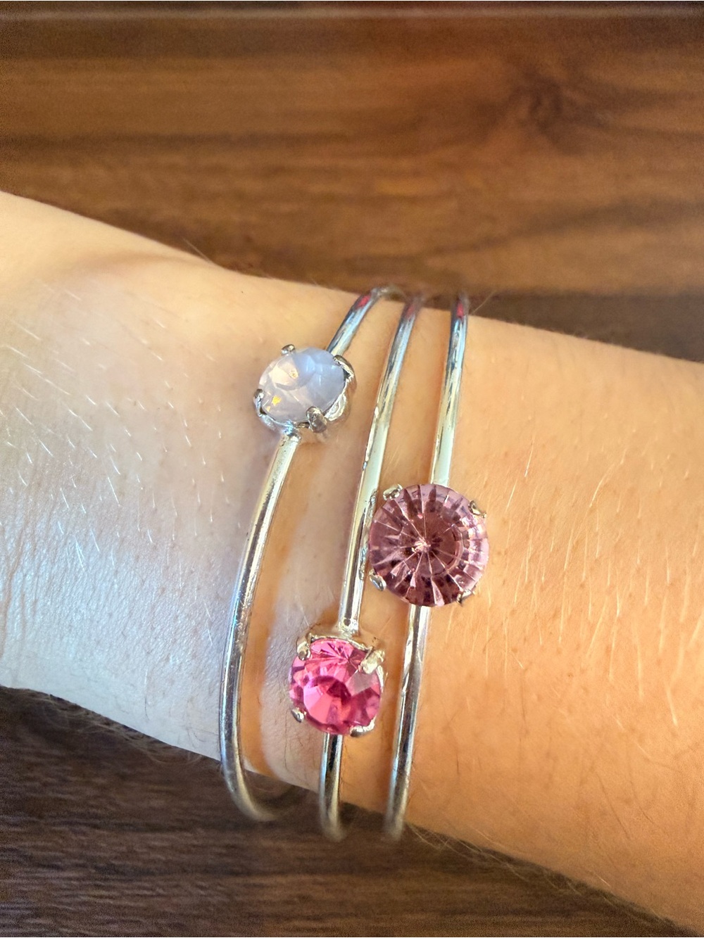 Triple-Stack Silver Bangle Bracelet with Pink Gemstones